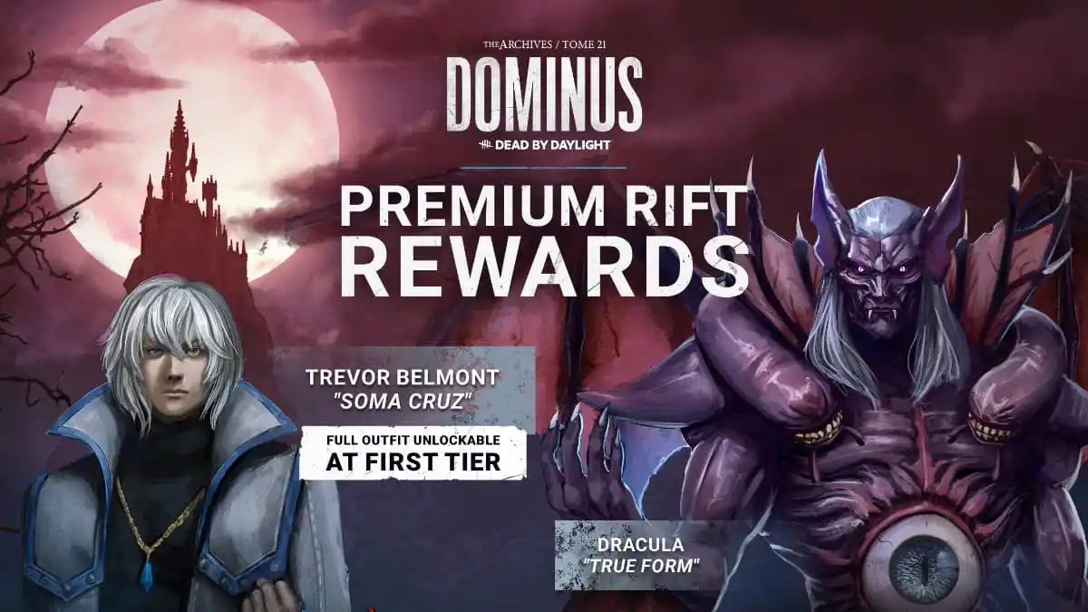 An image of the Dominus Battle Pass artwork from Dead by Daylight, which includes Castlevania themed skins.