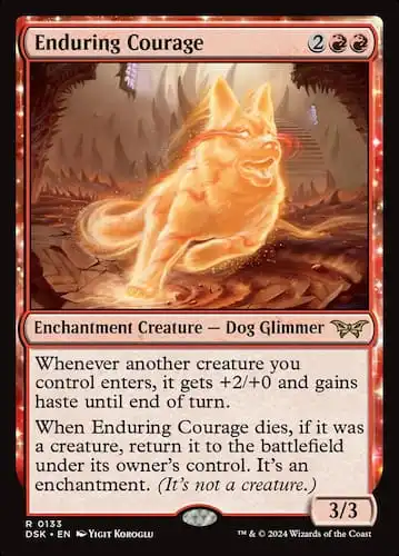 A gold Glimmer dog runing across barren land with spikes and red trails from its eyes in Duskmourn MTG set