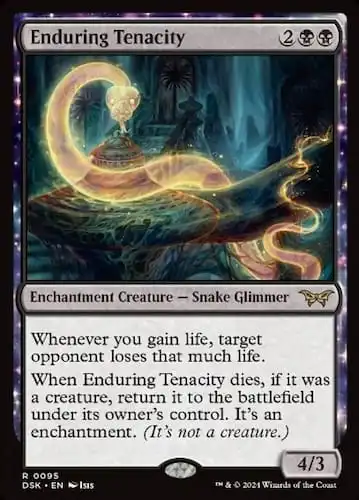 Gold snake glimmer wrapped around staircase ledge in haunted house through MTG Duskmourn set