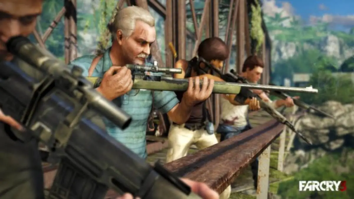 Four characters aiming with their rifles out to the right, looking at something off-screen