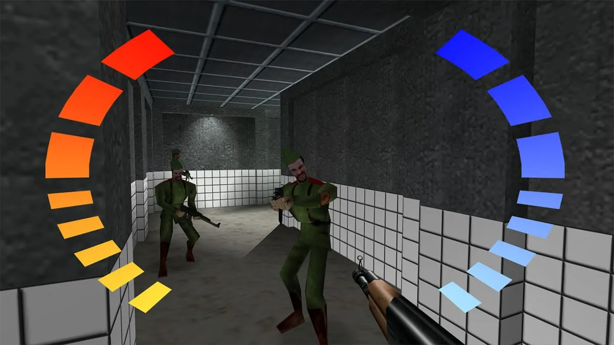 Two enemies looking at Bond with armor and health bars visible on screen