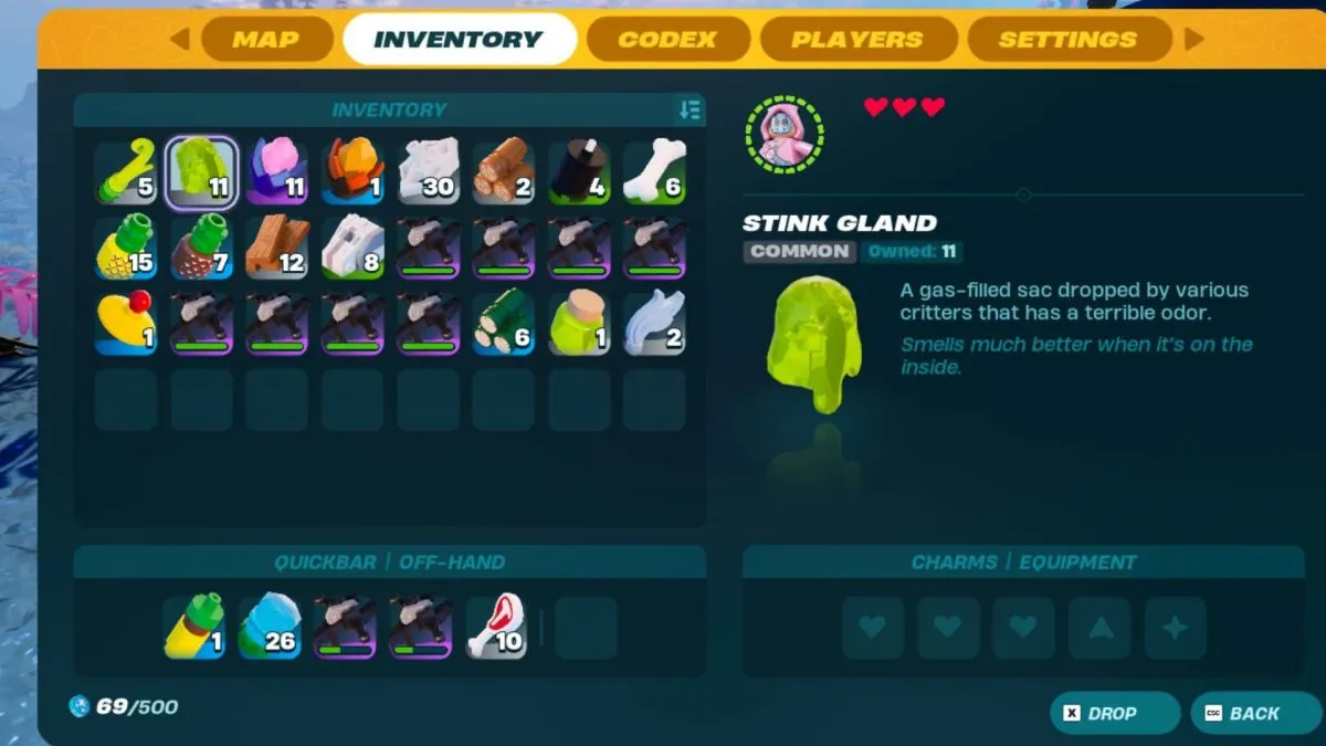 stink glands in lego fortnite inventory screen