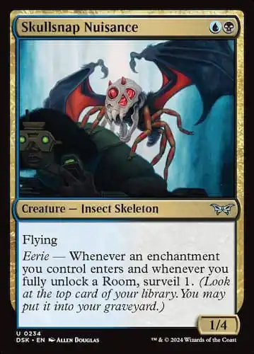 Insect Skeleton with red eyes, black and red wings, and multiple legs in MTG Duskmourn set