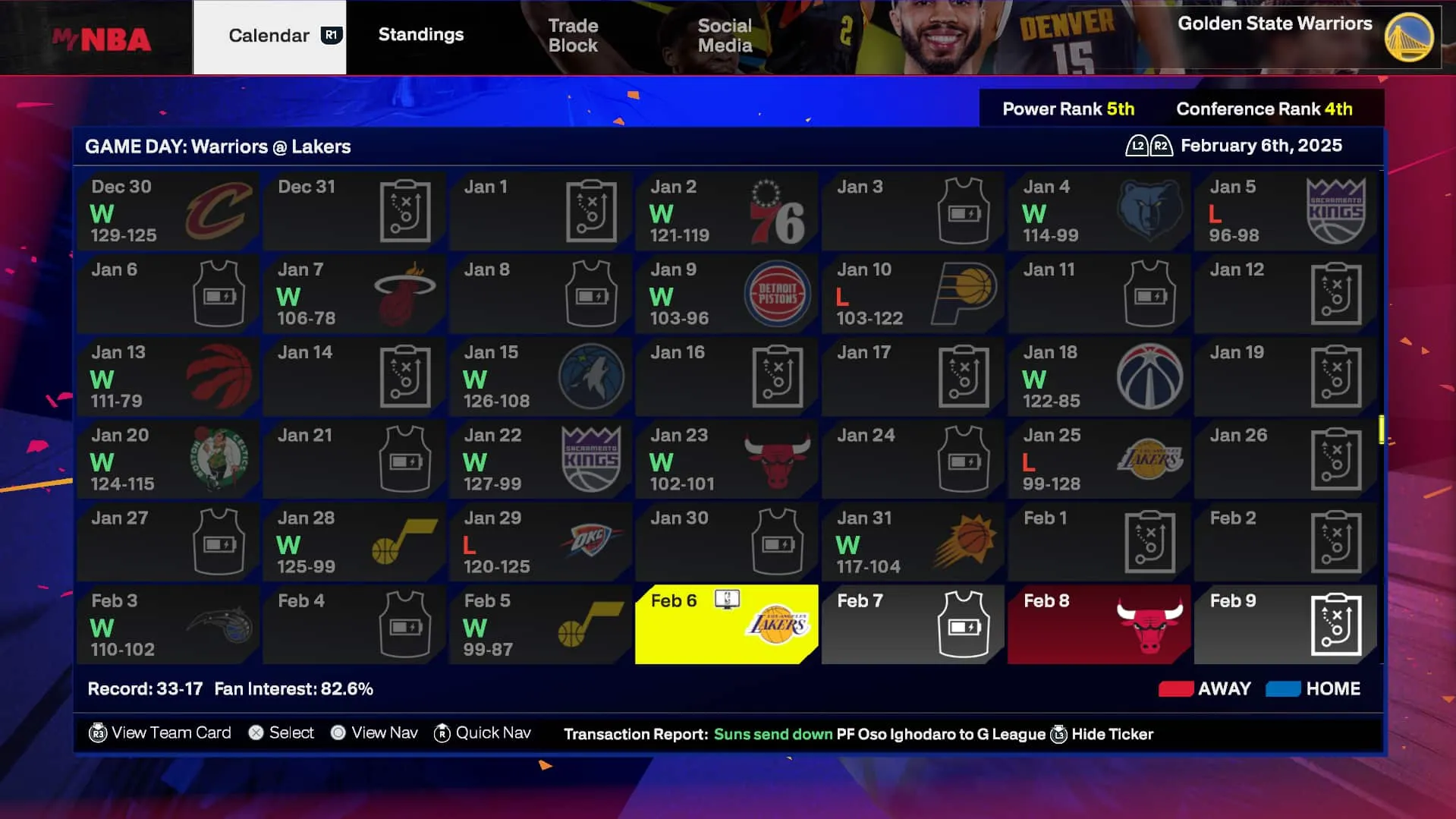 The calendar in the MyGM mode of NBA 2K25.