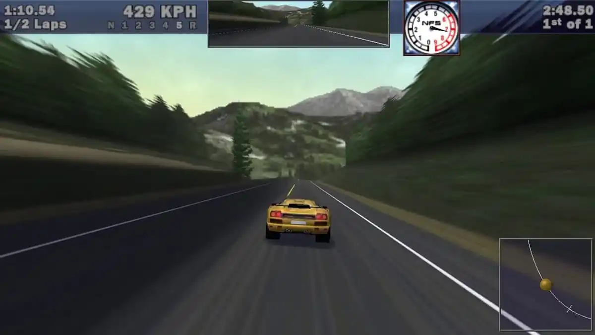 Yellow sports car racing down the mountain road with the game's UI elements around the screen