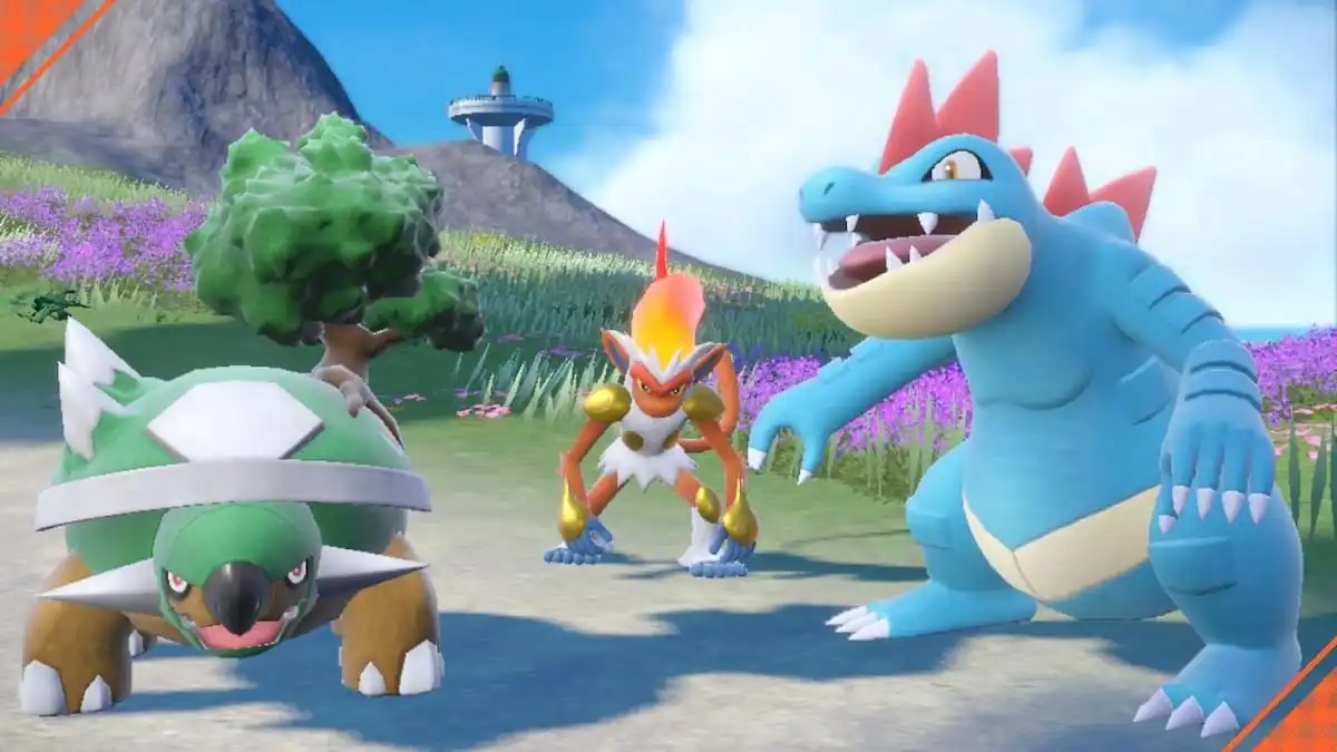 Torterra, Infernape, and Feraligatr gathered together near a flowery field in Pokémon Scarlet and Violet.