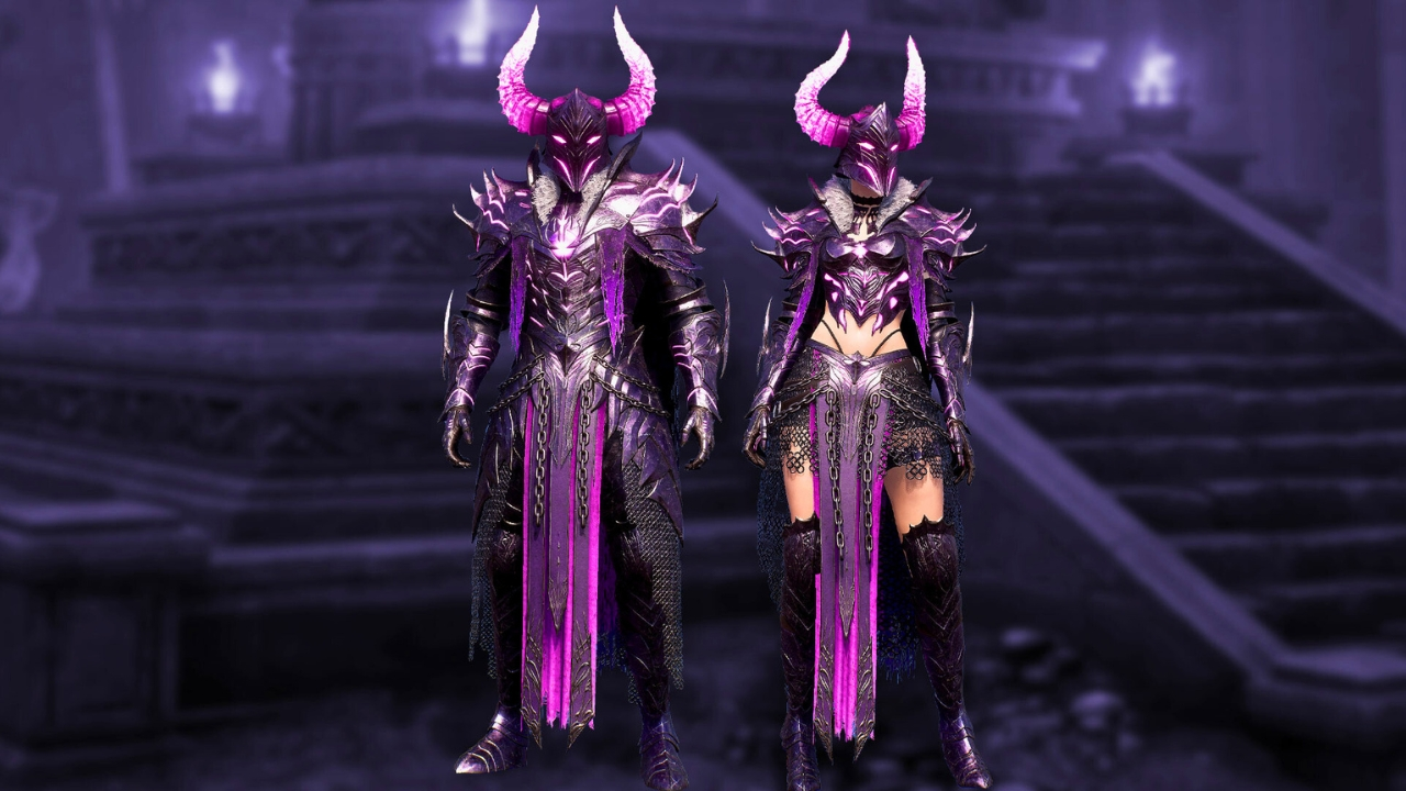 Characters wearing purple shadow knight outfits from the ea packs throne and liberty