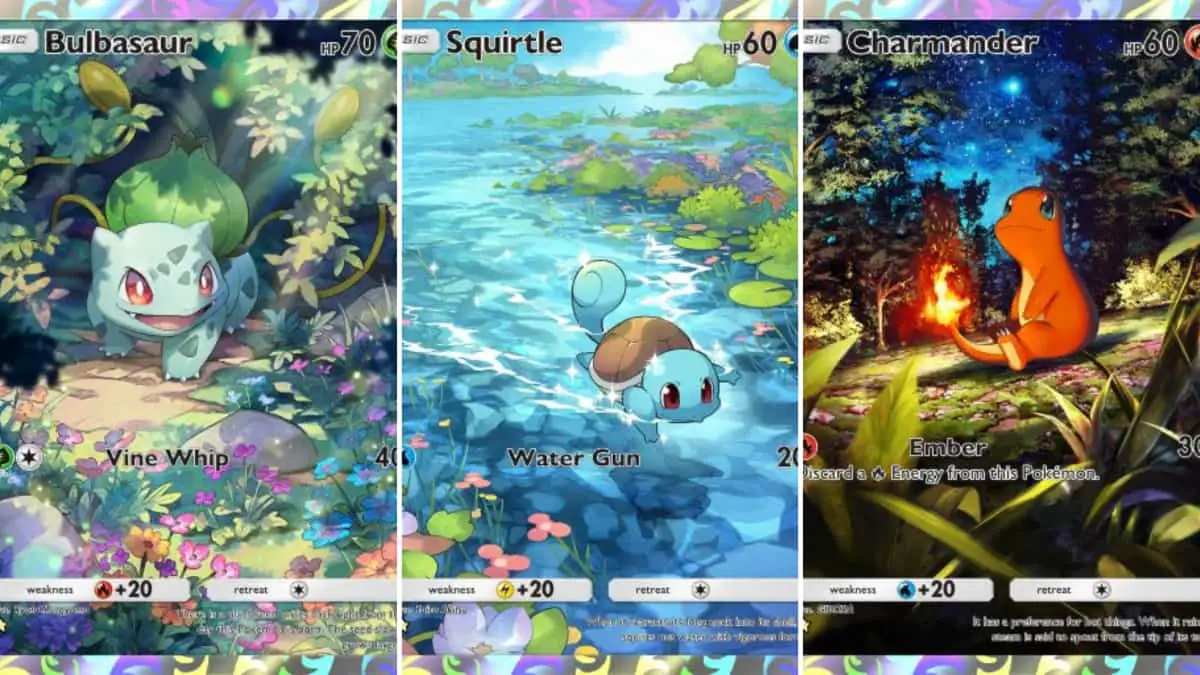 Full art cards for Bulbasaur, Squirtle, and Charmander in TCG Pocket.