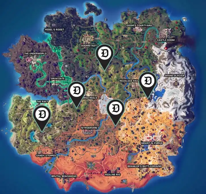 Picture showing the in-game map to showcase all the Forecast Towers in Fortnite.