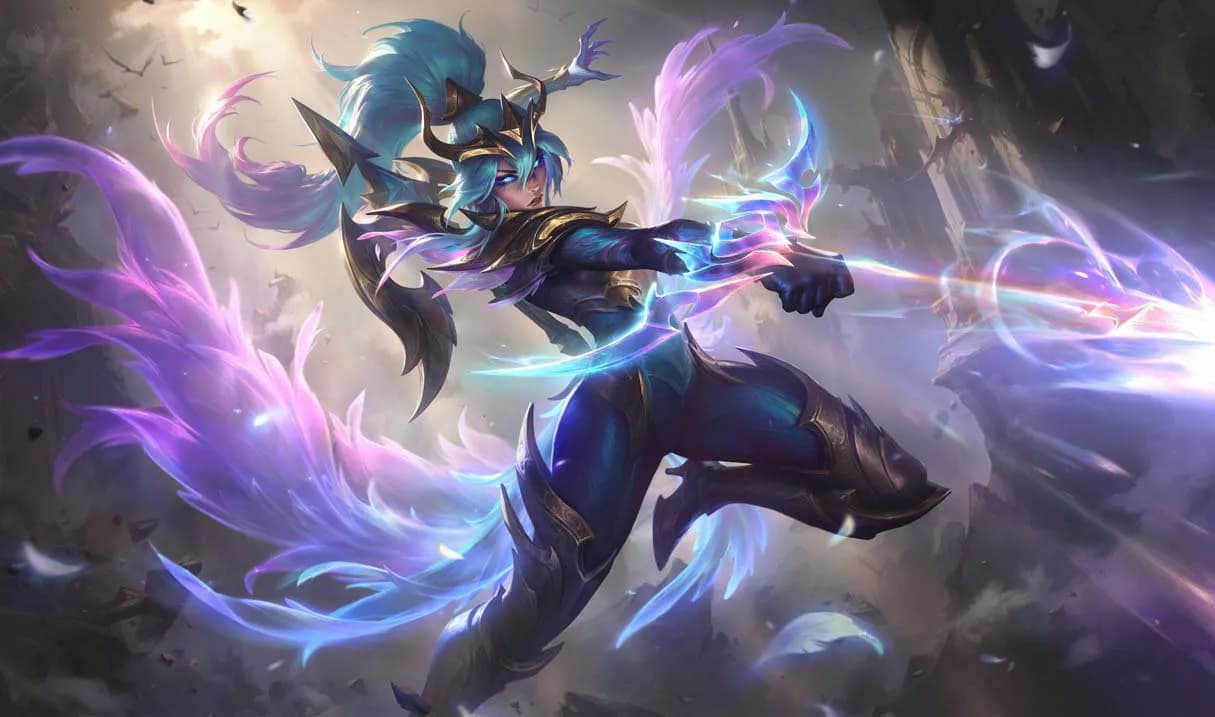 League of Legends splash art for Dawnbringer Vayne , showing a character in air shooting a projectile.