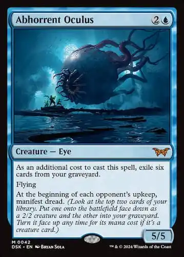 Giant blue eye in sky with red recepticals floating over boat with humans in it through MTG Duskmourn set