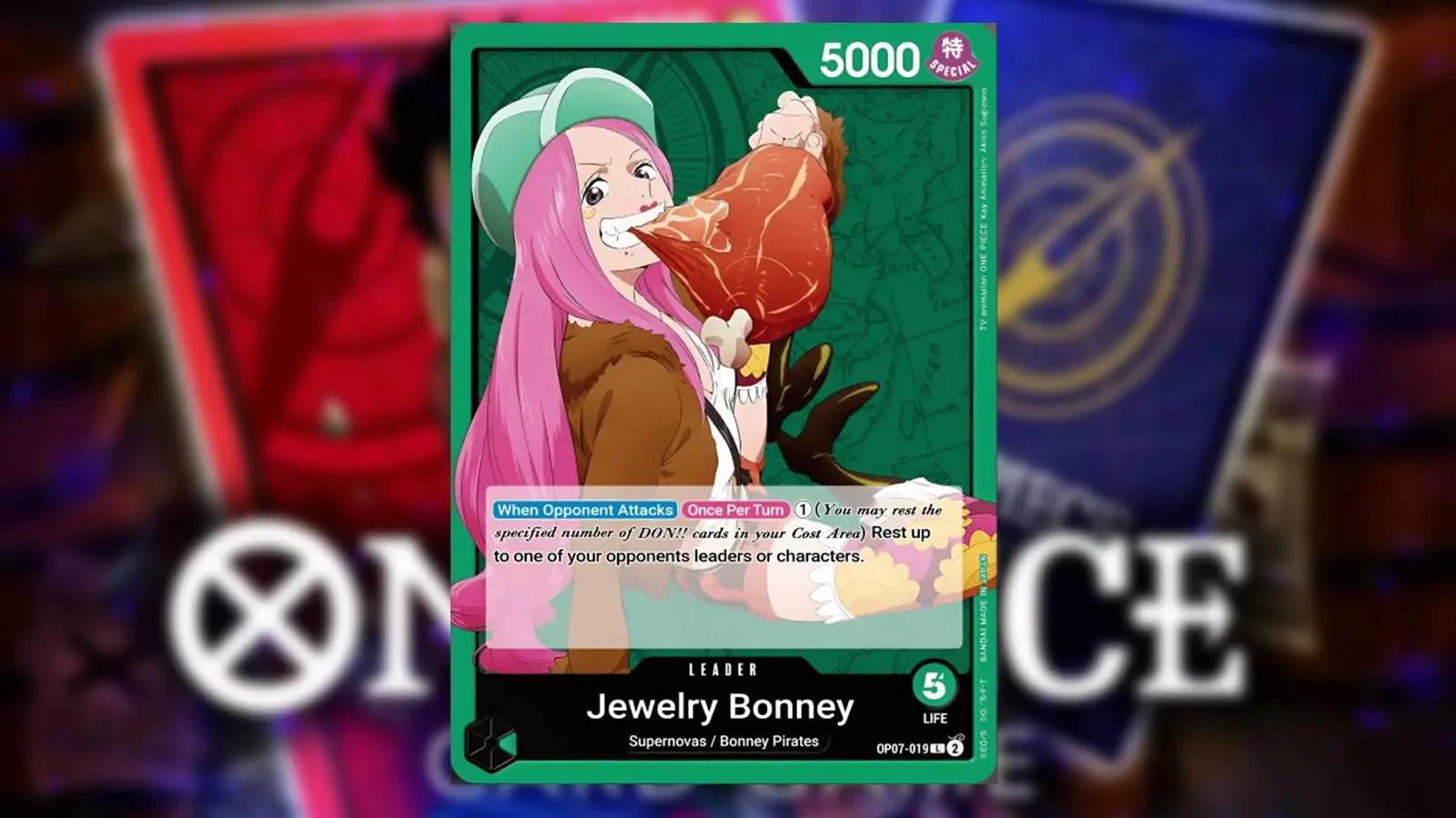 Jewelry Bonney from One Piece appears on a Green Leader card from the Bandai card game.