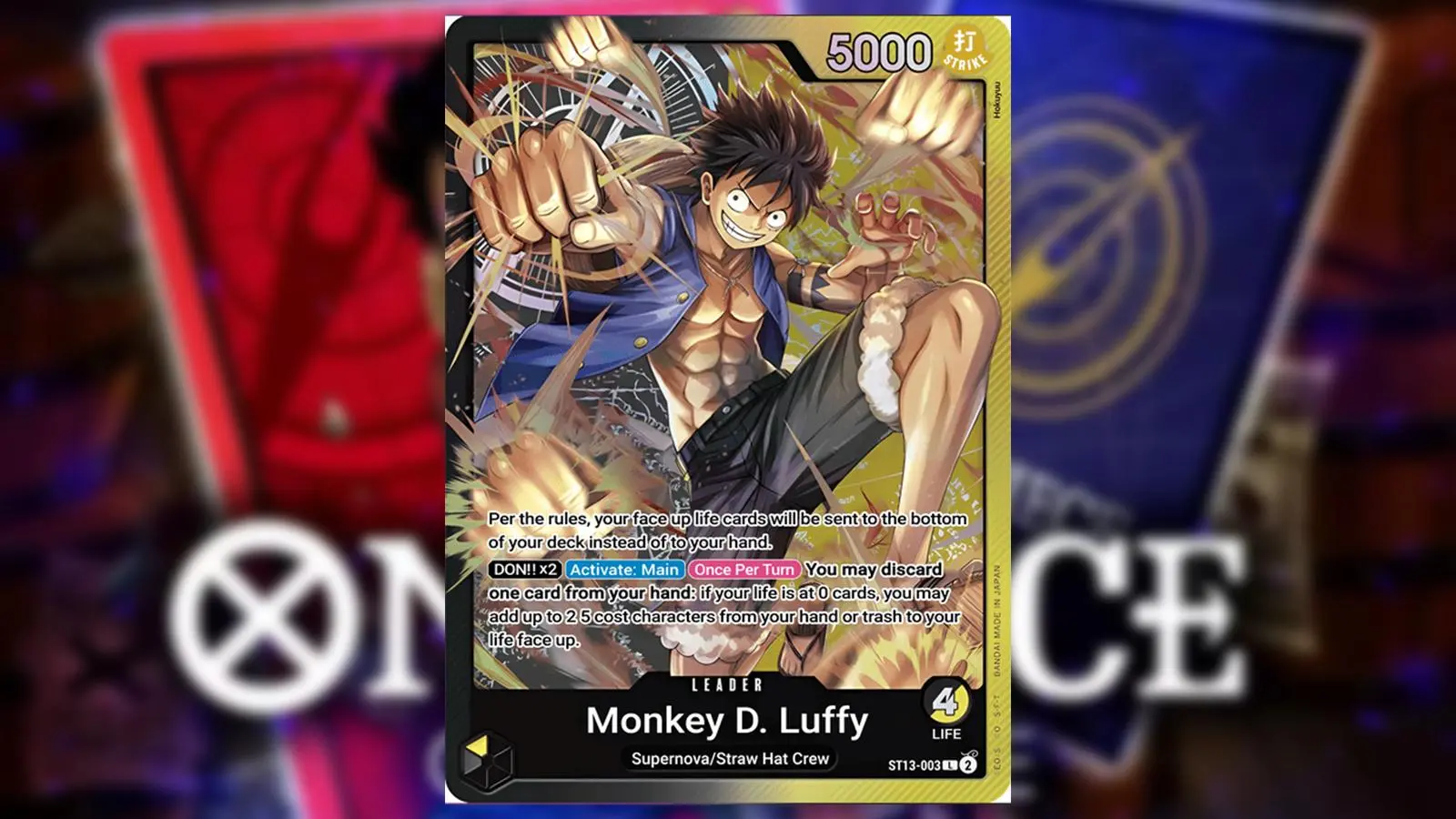 Monkey D. Luffy from One Piece appears on a Black/Yellow Leader card from the Bandai card game.