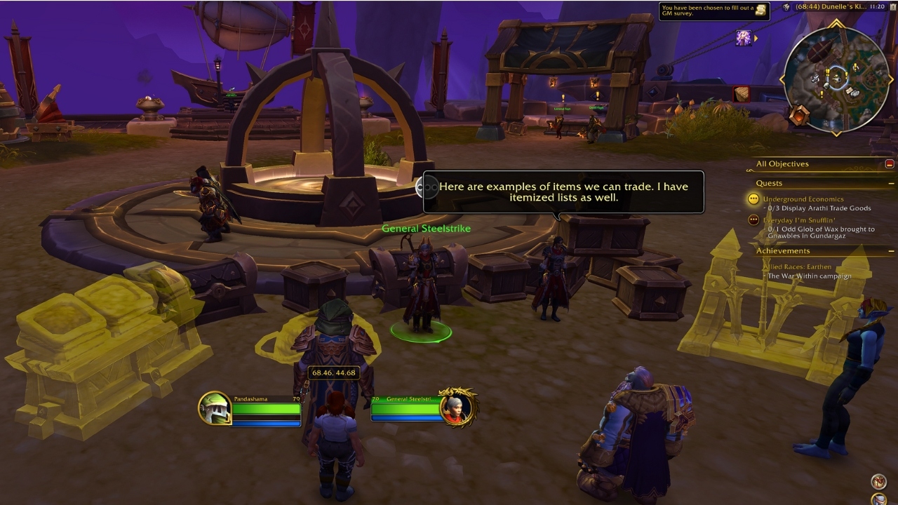 A player interacting with the arathi goods displays in wow the war within