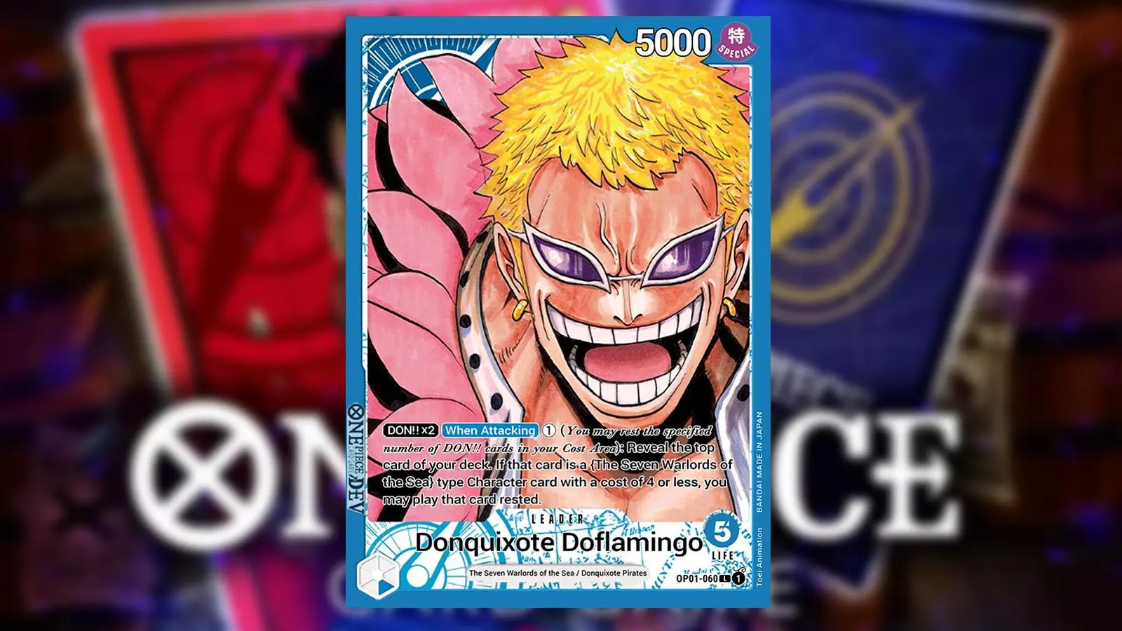 Doflamingo from One Piece appears on a Blue Leader card from the Bandai card game.