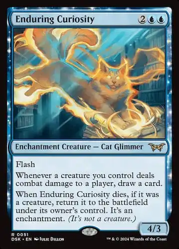 A glimmer gold cat with two tails pouncing on an open book in library room through MTG Duskmourn set