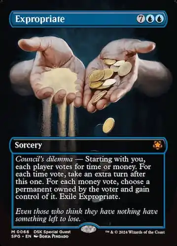 Two hands - one with gold and one with sand, pouring both out in Duskmourn MTG set