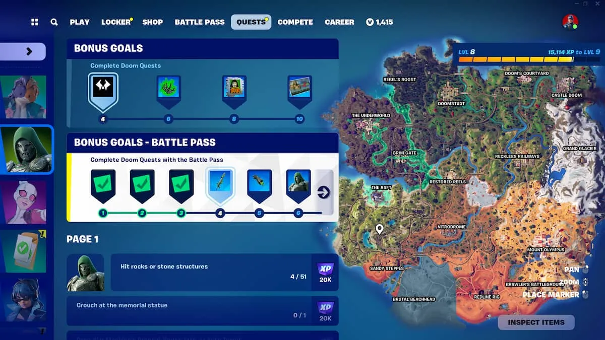 Doom quests menu in Fortnite