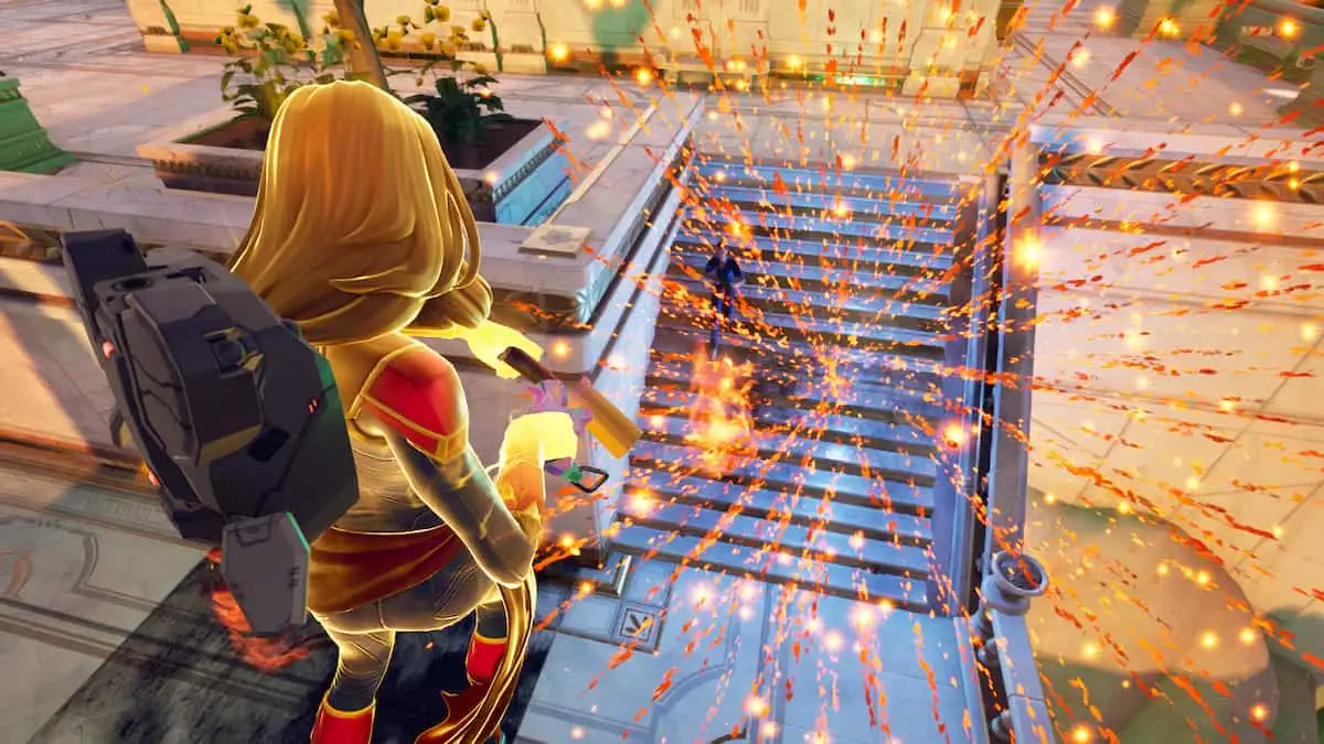 Captain Marvel using the Firework Flare Gun against an enemy in Fortnite.