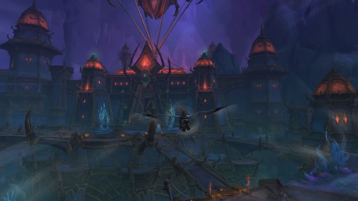 Character flying to Nerub-ar Palace in World of Warcraft.