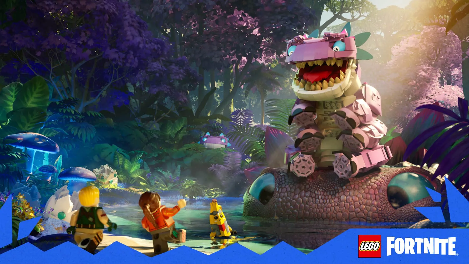 klombo key art, showing a lego klombo ontop of a real klombo in the lost isles lake