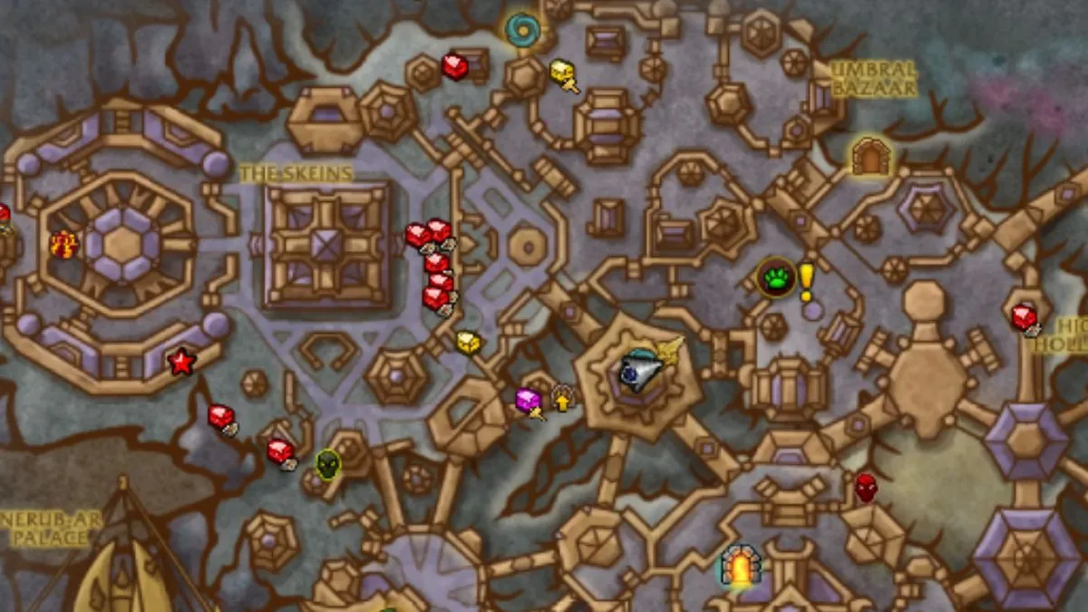 Map in World of Warcraft with quest and treasure icons.