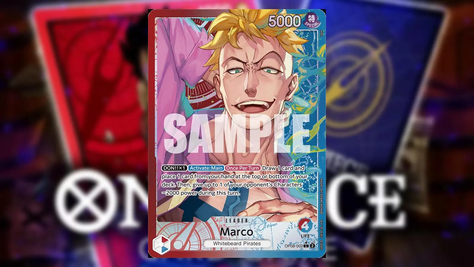 Marco from One Piece appears on a Red/Blue Leader card from the Bandai card game.