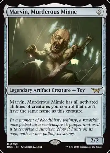 Puppet with old man wooden head and bulging eyes in white holding a weapon in Duskmourn MTG Set