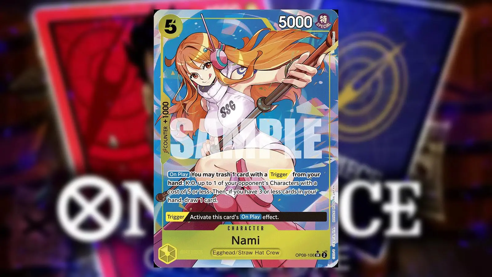 Nami from One Piece appears on a Yellow Character card from the Bandai card game.