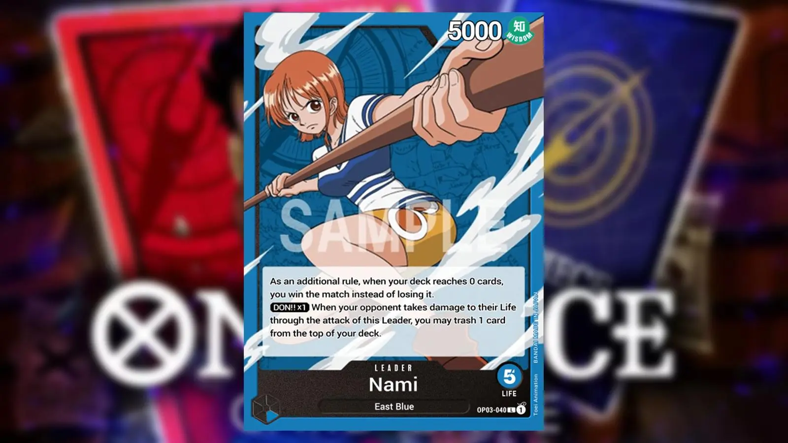 Nami from One Piece appears on a Blue Leader card from the Bandai card game.