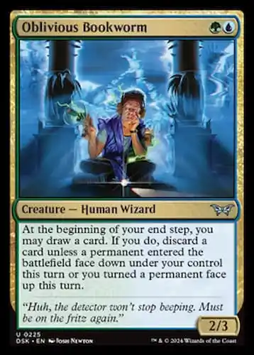 Young human wizard jaming to music and magic while studying in Duskmourn MTG set