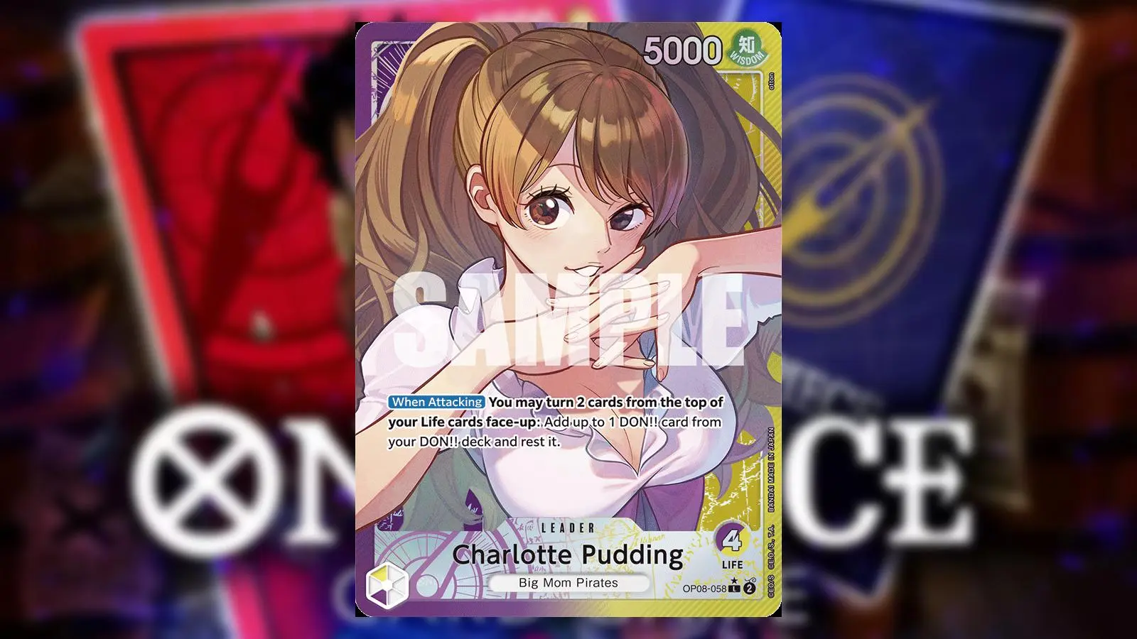 Charlotte Pudding from One Piece appears on a Purple/Yellow Leader card from the Bandai card game.