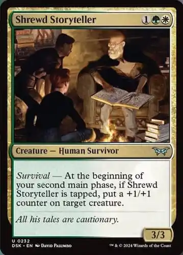 Elderly man sitting in chari with book and glasses talking to yonger boys squating and sitting near fire in  MTG Duskmourn set