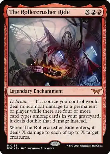 A Rollercoaster ride in a haunted house surrounded by evil spirits and obstacles in MTG Duskmourn set