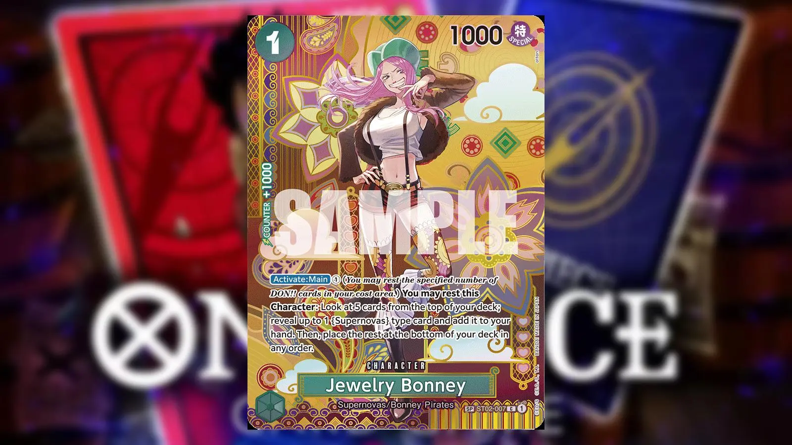 Jewelry Bonney from One Piece appears on a Green Treasure Character card from the Bandai card game.