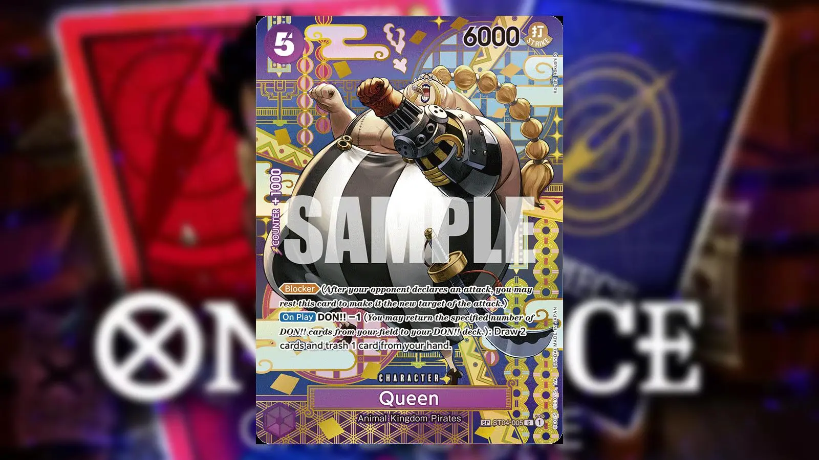 Queen from One Piece appears on a Purple Treasure Character card from the Bandai card game.