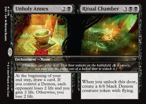 Two rooms where an annex in gold is in one and a ritual of magic in the other through MTG Duskmourn set