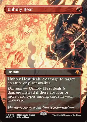 Creature with smiling face mask creating a fire with spirits in it through Duskmourn MTG set