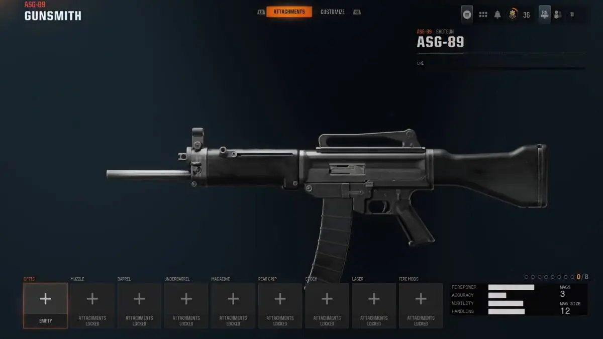 The ASG-89 in Black Ops 6 shown in the Gunsmith.