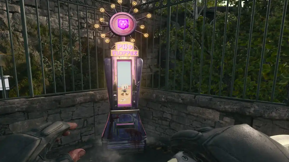 A player in Black Ops 6 Zombies looking at the PHD Flopper machine.