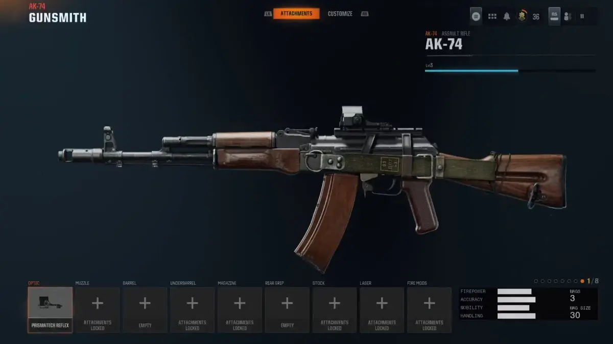 The AK-74 in Black Ops 6 shown in the Gunsmith menu.