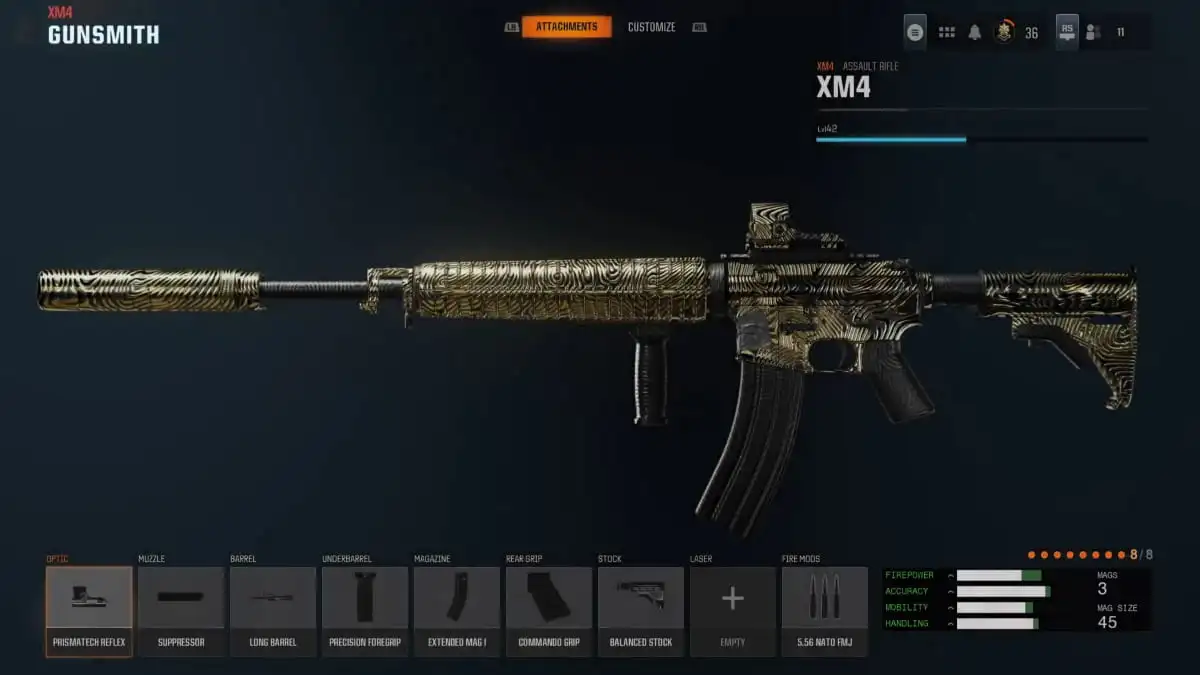 The XM4 in Black Ops 6 shown in the Gunsmith.