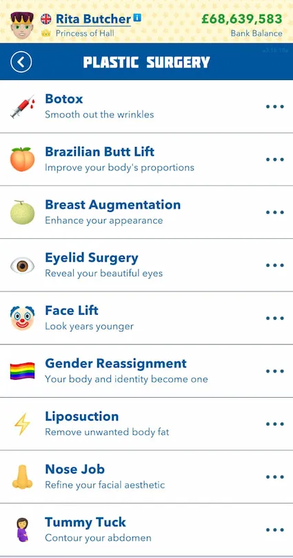 Picture showing the Fairest in the land challenge's Plastic Surgery options in Bitlife.