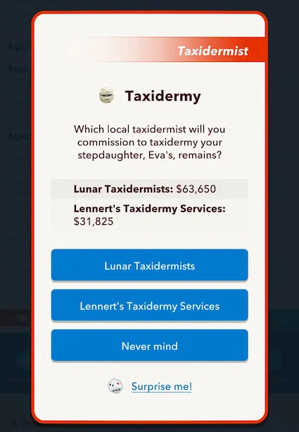 Picture showing the Taxidermy for the Halloween Scavenger Hunt in BitLife.