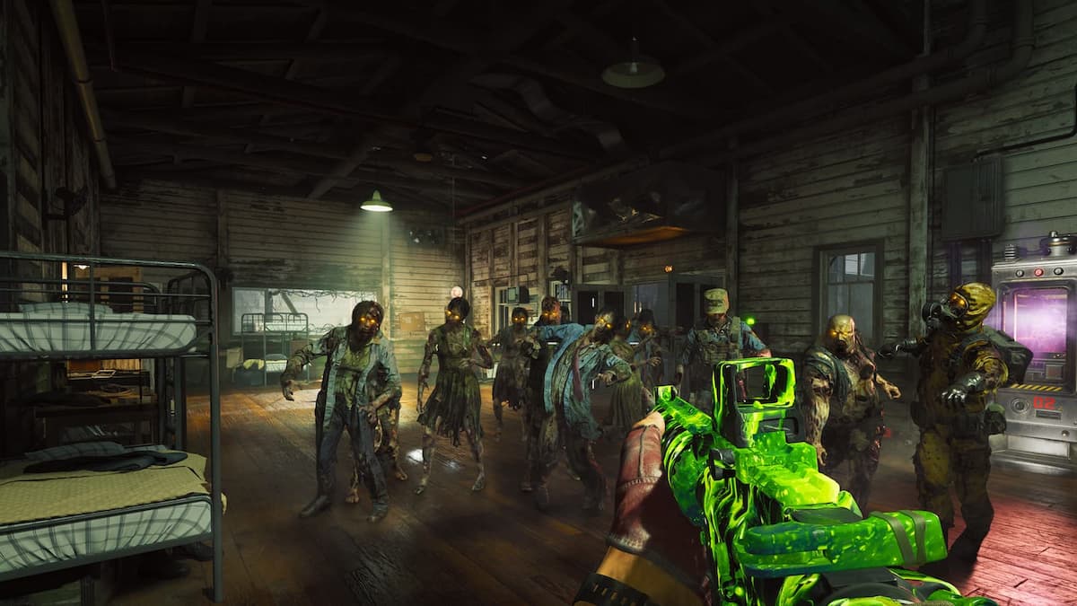 A player holding a green gun at a horde of zombies in Black Ops 6