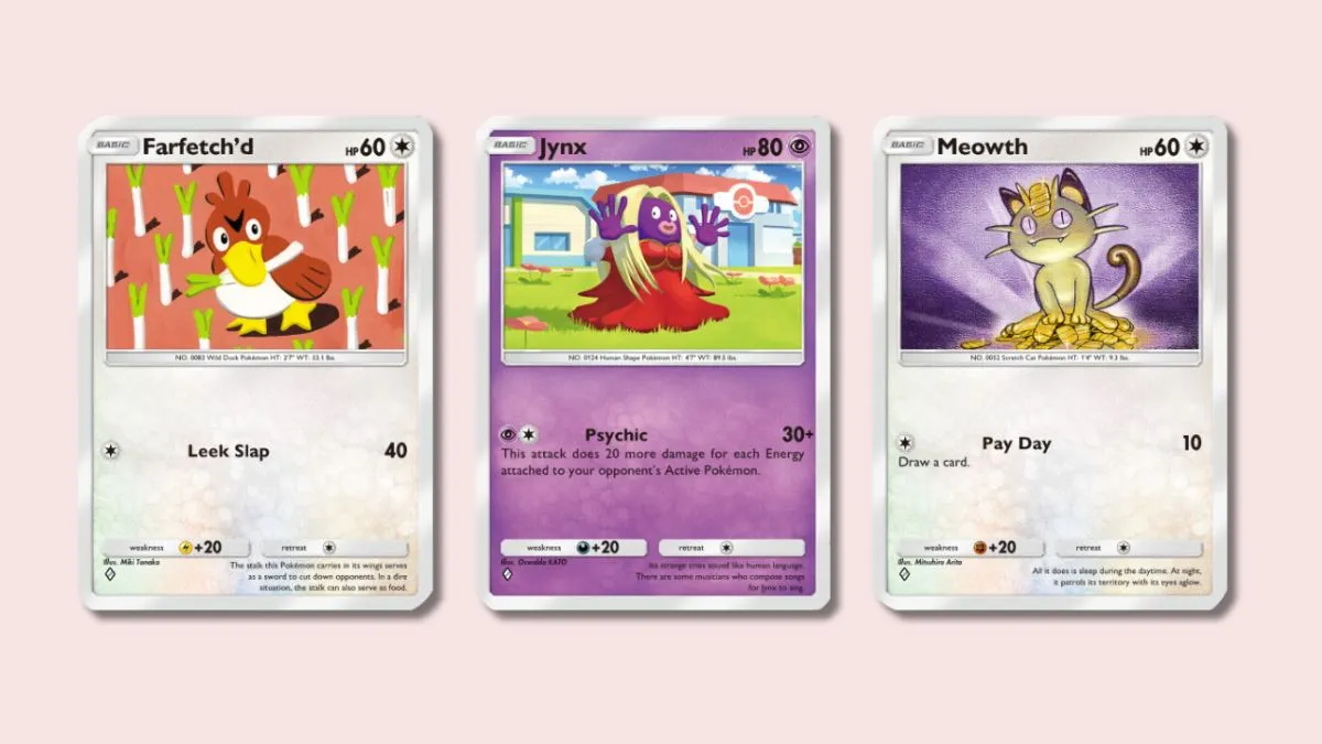 Pokemon cards for Farfetch'd, Jynx, and Meowth.