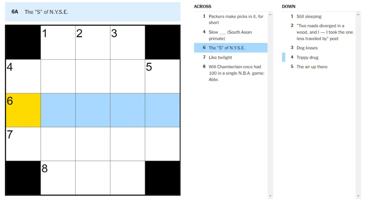 A blank crossword puzzle from the New York Times with a clue highlighted.