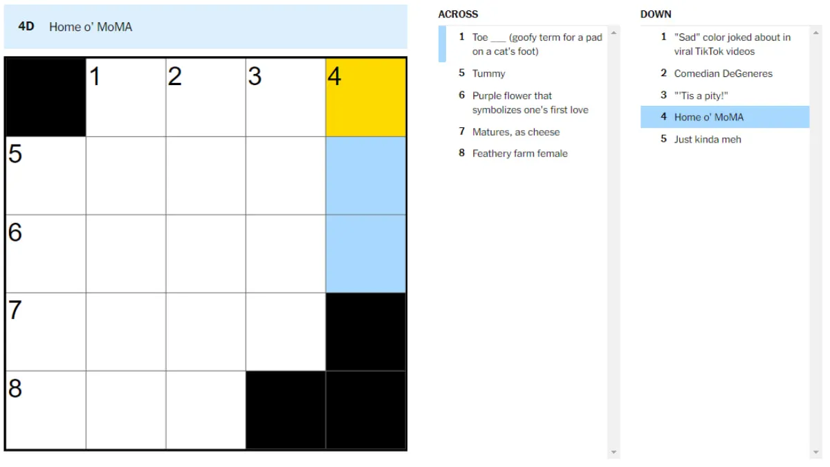 A blank crossword in the NYT Mini with a clue highlighted.