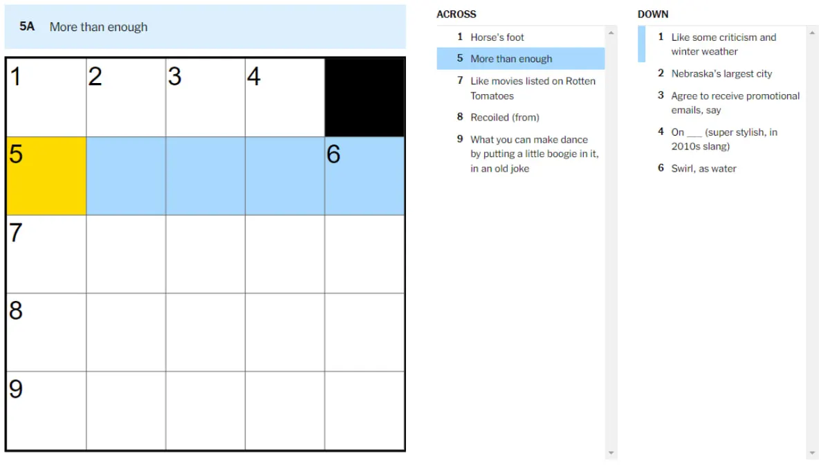 A blank New York Times Mini Crossword with a clue highlighted.