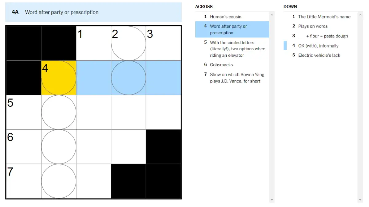 A screenshot of a crossword with a clue highlighted.